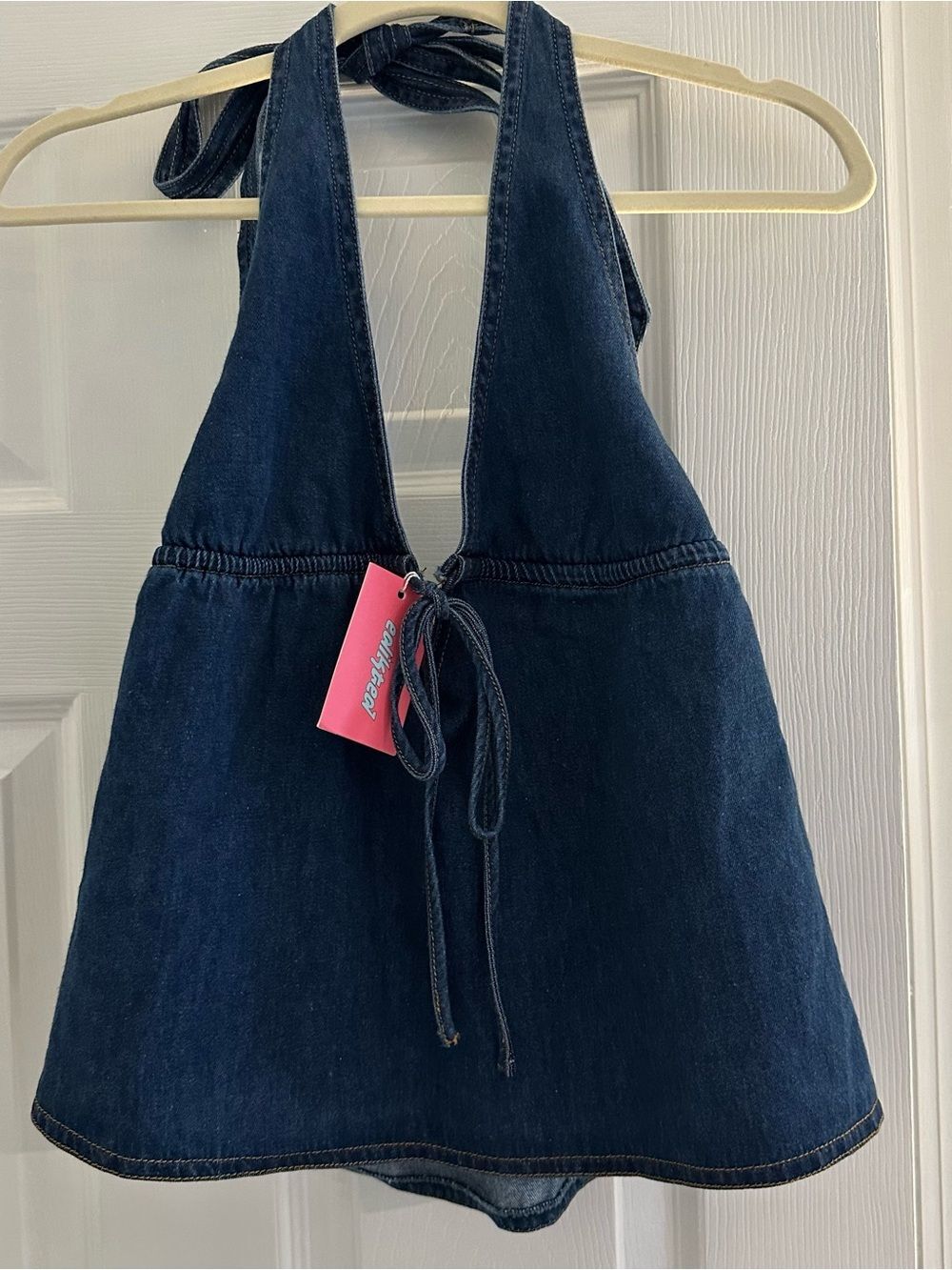 NWT EDIKTED Safia Denim Halter Top Women’s Medium Blue Tie Front